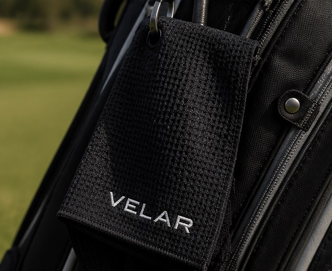 VELAR waffle-weave golf towel clipped to a black golf bag on the course